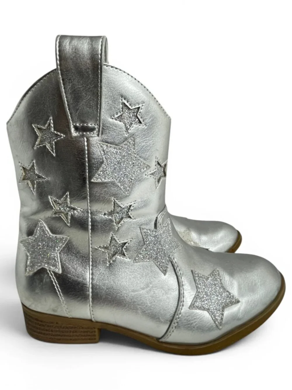 Dream Pairs Silver Faux Leather Glitter Star Western Cowgirl Boots Kids Girls 3